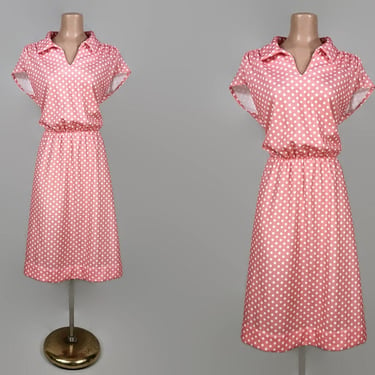 VINTAGE 70s Pink Polka Dot Fit N Flare Blousy Disco Day Dress Plus Size 