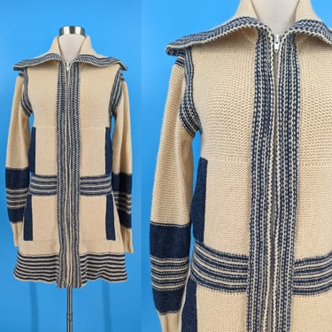 Vintage 70s White Blue Franny Wrappers by Kinetic Large Zip Front Wool Cardigan Sweater 