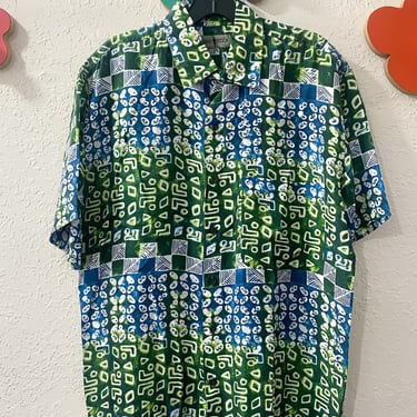 PURPLE PALMTREE DELIGHT 1990s  Geometric Green and Blue Silk Button Down. Medium.  By Copperhive Vintage. 