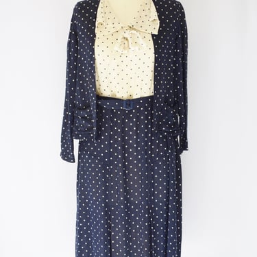 Vintage Early 1930s Dress Set | M/L | 30s Blue and Cream Polka Dot Color Block Day Dress with Jacket and Belt 