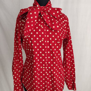 Vintage 70s 80s Red Polka Dot Pussy Bow Blouse // Button-Up Tie Neck Shirt 
