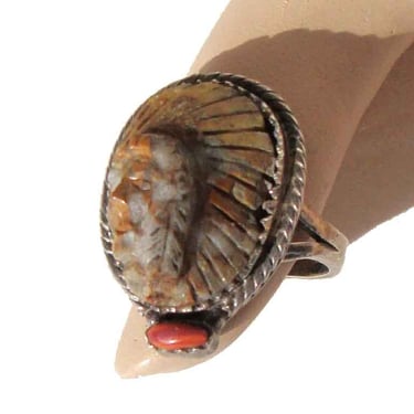 Vintage Navajo Ring Sterling Petrified Wood & Spondylus Sioux Chief Southwestern Indian Sz 6 