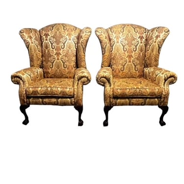 Set of 2 Oversized Gold Queen Anne Wingback Chairs LC243-02
