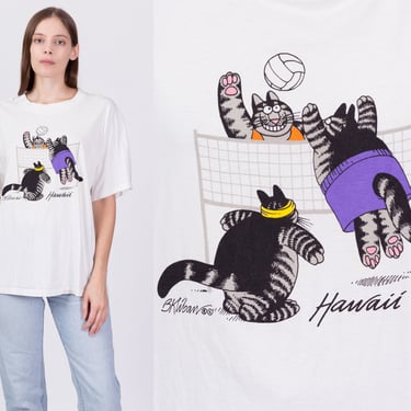 90s Kliban Cat Volleyball T Shirt - Men's Large | Vintage Crazy Shirts Combed Cotton Front Back Cartoon Graphic Tee 