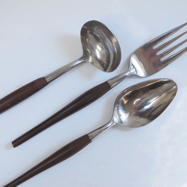 Danish Modern Ecko Eterna Serving Fork and Spoon Mid Century Flatware Canoe Muffin Vintage Serving utensils Wood Handle Stainless Flatware 