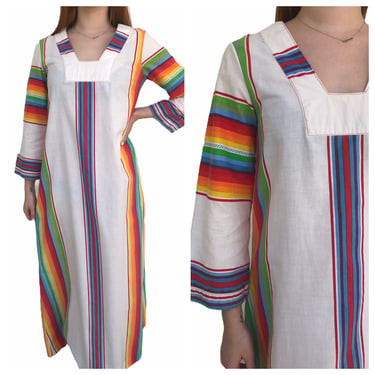 Vintage VTG 1970s 70s Miss Elaine Rainbow Stripe Caftan Kaftan Maxi Dress 