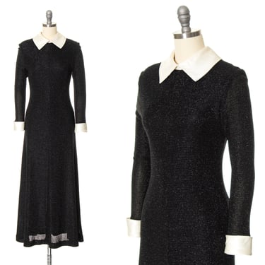Vintage 1970s Sweater Dress | 70s Wednesday Addams Metallic Black Knit Acrylic Contrast Satin Collar Cuffs Maxi Dress (x-small/small) 