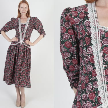 Jessica McClintock Floral Rose Garden Dress, Vintage 80s Gunne Sax Tea Gown, Cottage Lace Romantic Midi Dress 