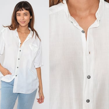 Plain White Shirt 90s Button Up Shirt Semi-Sheer Simple Collared Blouse Short Sleeve Preppy Basic Top Light Vintage 1990s Extra Large xl 1 