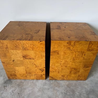 Pair of Mid-Century Modern Patchwork Burl Wood Pedestal Tables by Milo Baughman 