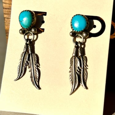 Vintage Native American Navajo Sterling Silver Turquoise Stud Earrings Feathers Gift 