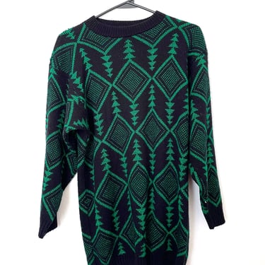 Vintage 80s Metallic Green and Black Graphic Sweater 