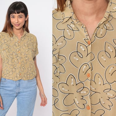 Abstract Floral Blouse 90s Button up Shirt Muted Mustard Short Sleeve Flower Print Top Retro Chest Pocket Vintage 1990s Oversized Medium M 