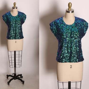 1970s Black, Blue and Green Ombre Fade Sequin Short Sleeve Disco Blouse -L 