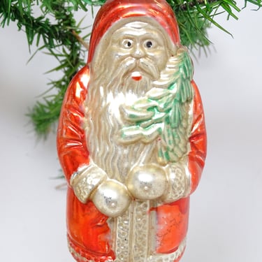 Antique 1940's Mercury Glass Santa Christmas Tree Ornament, Hand Painted Vintage Retro Decor 