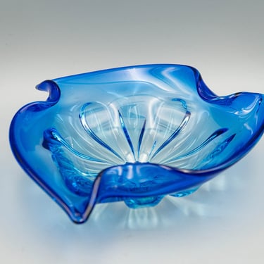 Blue Ombre Art Glass Flower Bowl | Vintage Murano Style Glass Candy Dish Centerpiece 