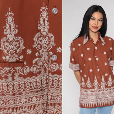 Batik Floral Shirt 90s Brown Button Up Short Sleeve Top Geometric Flower Print Groovy Psychedelic Bohemian Retro Vintage 1990s Medium 15 1/2 