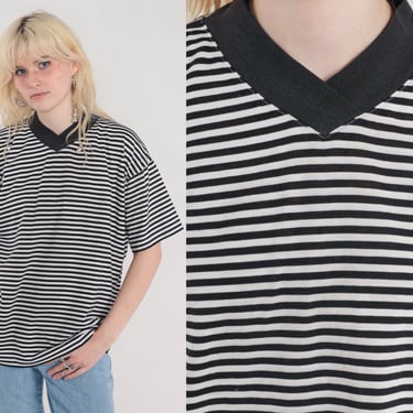 Striped T-Shirt 80s Black White Shirt Ringer Tee Basic TShirt High V Neck Casual Top Single Stitch Short Sleeve Vintage 1980s Extra Large xl 