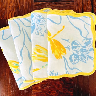 Vintage D. Porthault flax linen cocktail napkins in "Libellules" (Dragonfly) print, Set of Four