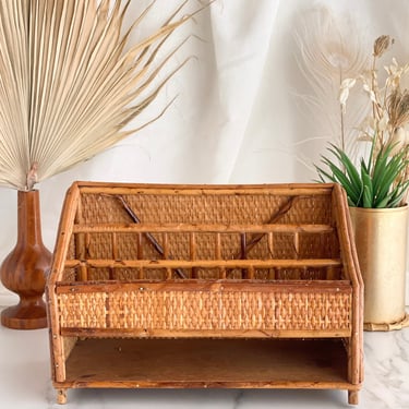 Rattan and Cane Desk Organizer Letter Caddy