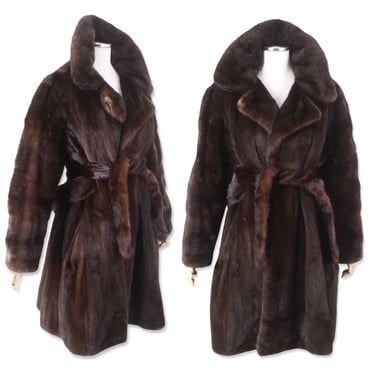 70s Mink fur tie coat size L, vintage 1970s high end chocolates ranch mink swing coat, supple full sweep jacket 