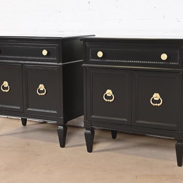 Heritage French Regency Louis XVI Black Lacquered Nightstands, Newly Refinished