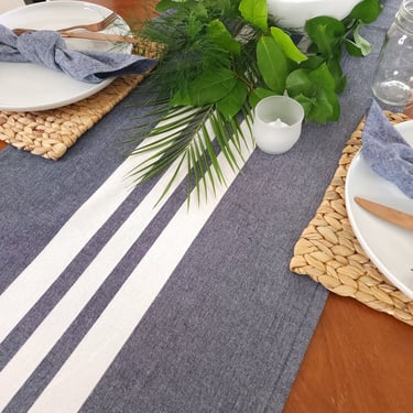 Blue Chambray Striped Table Runner, Blue and White Table Runner 