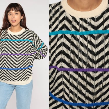 Geometric Sweater 80s CHEVRON Print Slouchy Pullover Striped Vintage Black Off-White Slouchy Fit Statement Pullover 1980s Men's Large L 
