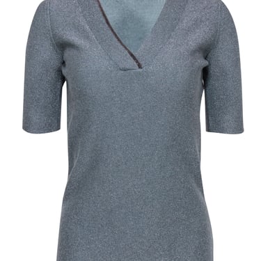 Fabiana Filippi - Teal Sparkly Short Sleeve Cashmere Sweater w/ Beaded Trim Sz M