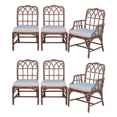 Set of 6 Authentic Marked McGuire Rattan Cathedral Dining Chairs, Organic Modern 