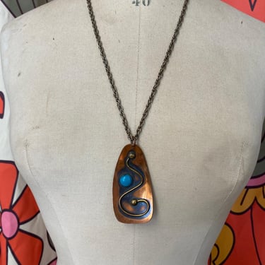 Vintage mid-century copper and turquoise necklace pendant Mcm jewelry hippie 