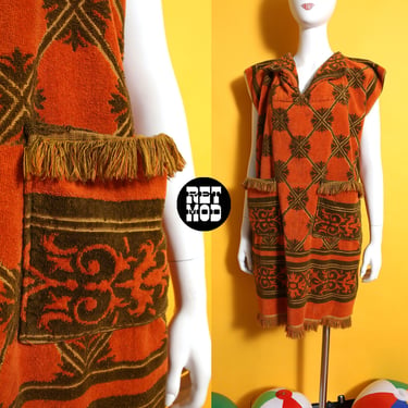 FABULOUS Vintage 60s 70s Orange & Brown Patterned Towel Cover-Up Dress with Pockets 