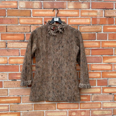 vintage 60s brown tweed fringe neck blouse / s small 