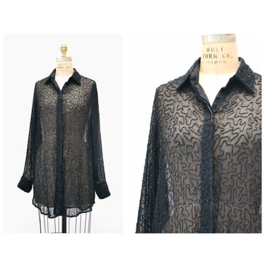 90s Vintage Black Silk Chiffon Beaded Shirt Button Down Black Sheer Silk Top Size Medium Lillie Rubin Sheer Black Long Sleeve Shirt 