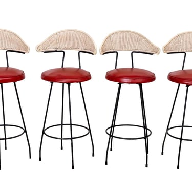 Set of Four Wicker and Iron Bar Stools