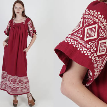 Vintage 70s Maroon Guatemalan Aztec Print Embroidered Maxi Dress With Hip Pockets 