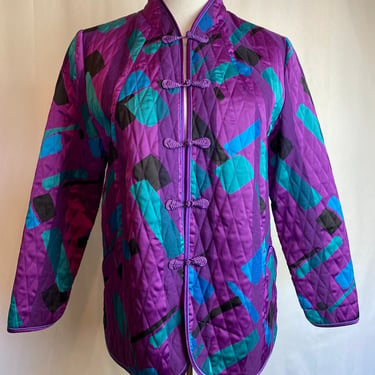 Vintage cheongsam quilts jacket vibrant colors Purple teal black honeycomb stitched 70s 80s silky sleek coat size S/M 