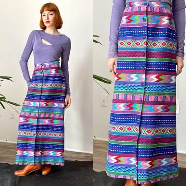 Vintage 1970s Skirt / 70s Geometric Cotton Maxi Skirt / Purple Blue Pink ( small S ) 