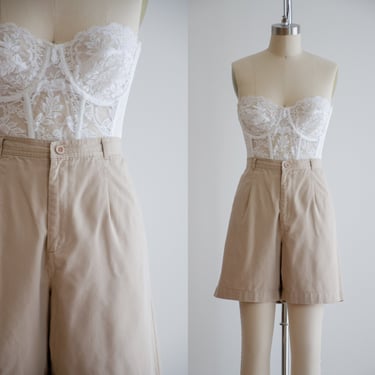 high waisted shorts 80s 90s vintage tan beige cotton khaki academia style pleated trouser shorts 