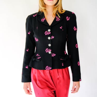 Vintage 90s MOSHARY Black Peplum Blazer w/ Pink Embroidered Floral Print | Made in USA | 1990s Designer Cropped Jacket 