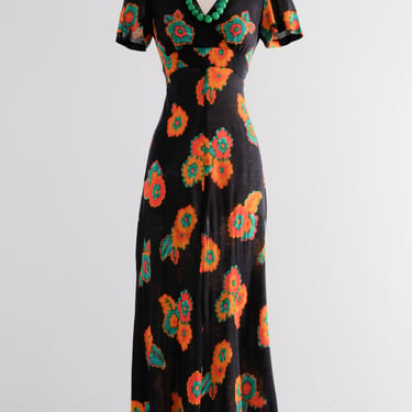 Sweet 1970's Autumn Floral Wool Knit Maxi Dress / Sz S