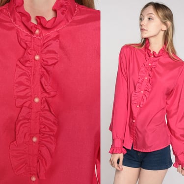 Pink TUXEDO Shirt Bright Ruffle Blouse 70s Button Up Top 80s Victorian Vintage Long Sleeve Secretary Shirt 1970s Deep Pink Large L 