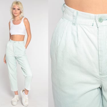 Mint Corduroy Pants 80s Trousers Pastel Green High Waisted Pleated Straight Tapered Leg 1980s Vintage Cords High Waisted Extra Small xs 