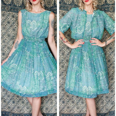 Late 1950s Teal & Turquoise Dress + Jacket Set 