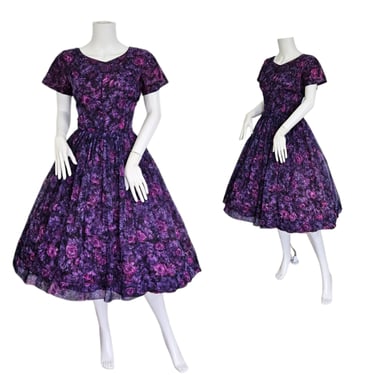 1960's Purple Chiffon Floral Print Fit and Flare Dress I Sz Med I Rockabilly I Mrs Maisel 
