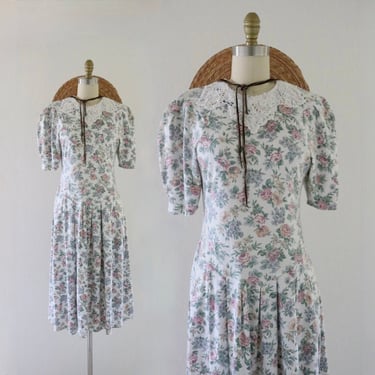 rose garden dress - s - vintage womens 80s 90s cute floral long puff sleeve lace summer cottage cottagecore size small 