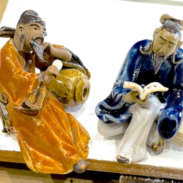 VINTAGE: 2pcs - Handmade Miniature Mudman figurines - Bonsai Figurines - SKU 26-D-00034479 