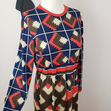 Vintage 1960's Mod Geometric Dress / 70s Polyester Shift Day Dress M 