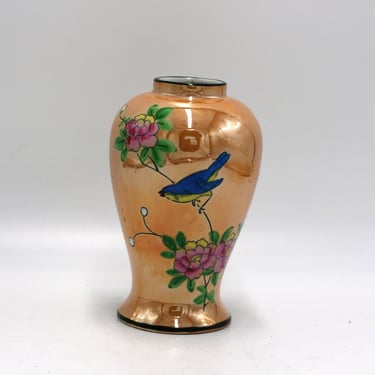 vintage Luster Ware Vase Hand Painted with Flowers and a Bluebird made in Japan 