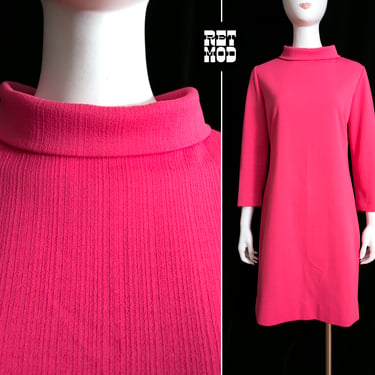 Bright Pink Vintage 60s 70s Ribbed Polyester Mod Space Age Dress 
